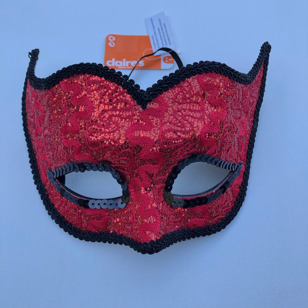 NEW Claire's Red Masquerade Mask Lace Glitter Mardi Gras Costume Halloween